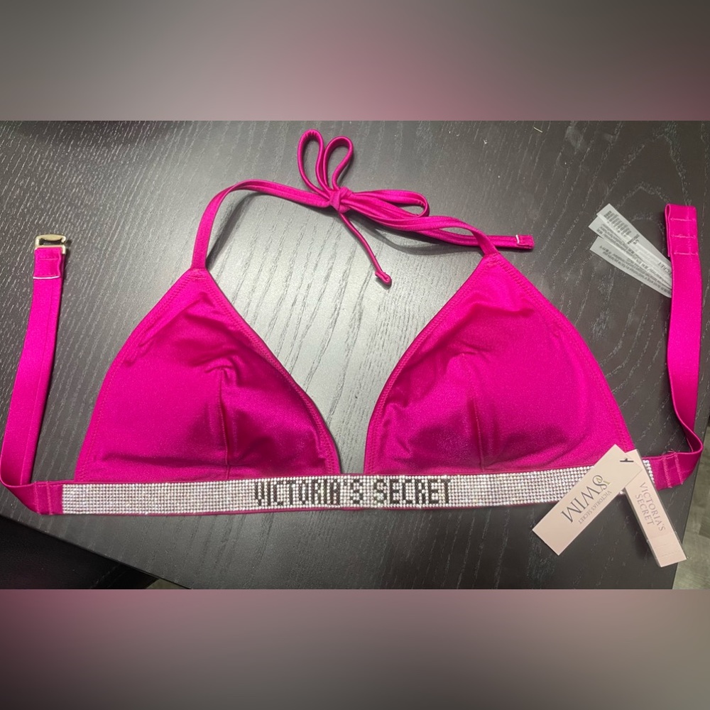 Victoria Secret Swim Bikini Top Large Dark Pink Shine Strap Bling Halter NWT